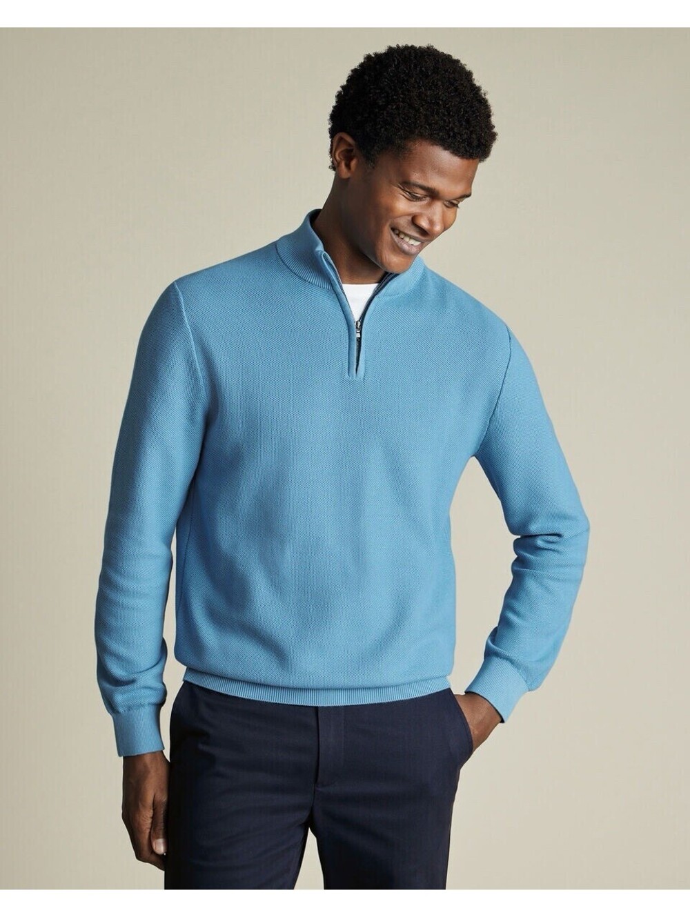 Charles Tyrwhitt Honeycomb Cotton Quarter Zip Sweater Ocean Blue Preppy XL Golf